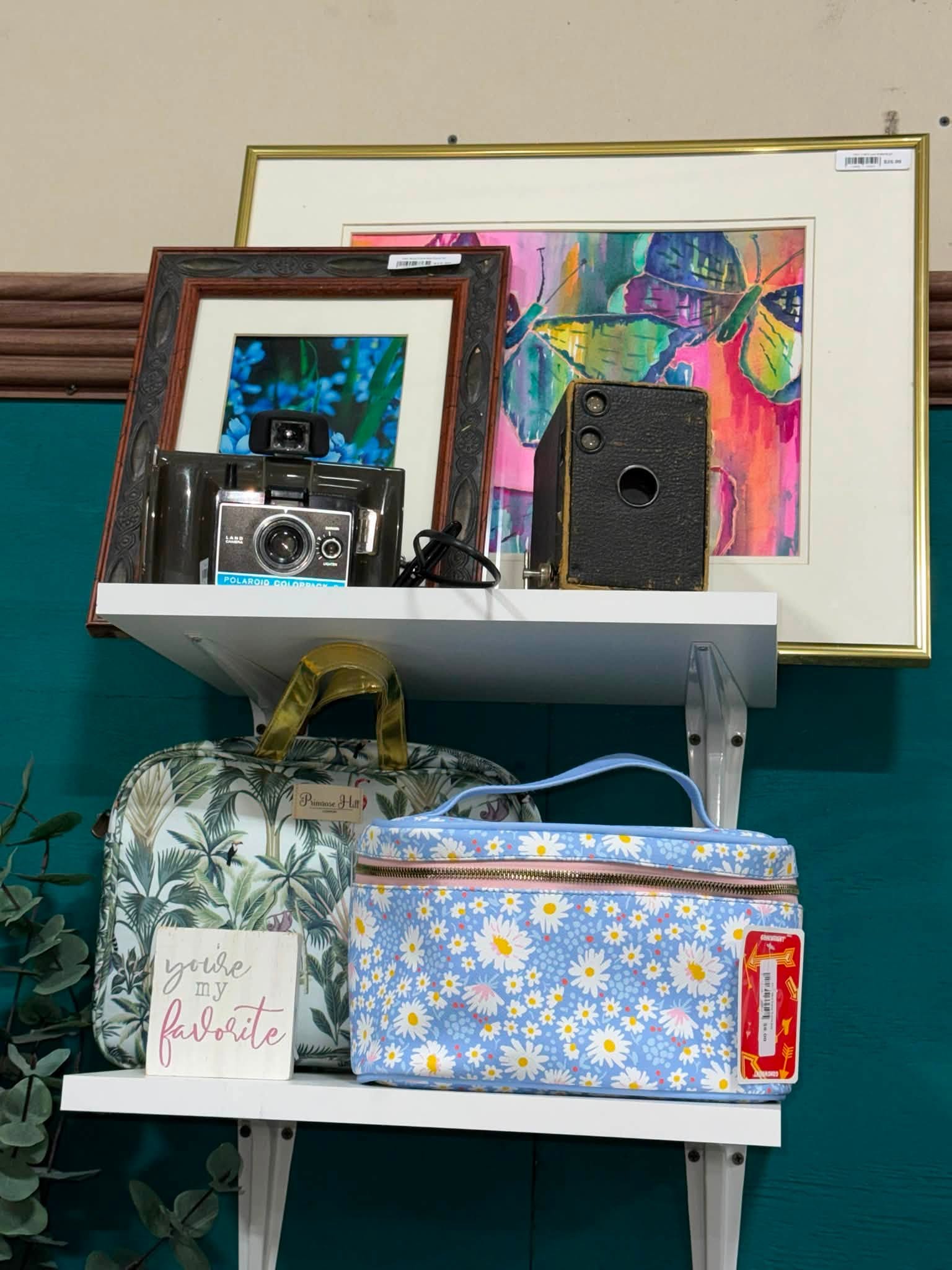 Vintage cameras, colorful framed art, and floral travel bags on a shelf