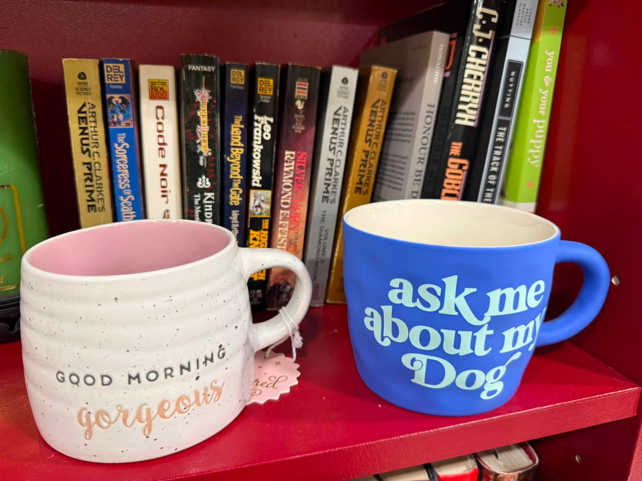 Gift mugs and vintage paperback books on a red shelf